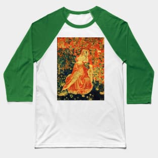 LADY WITH HAWK AMONG FLOWERS AND OAK LEAVES ,HARES, Orange Green Floral Baseball T-Shirt